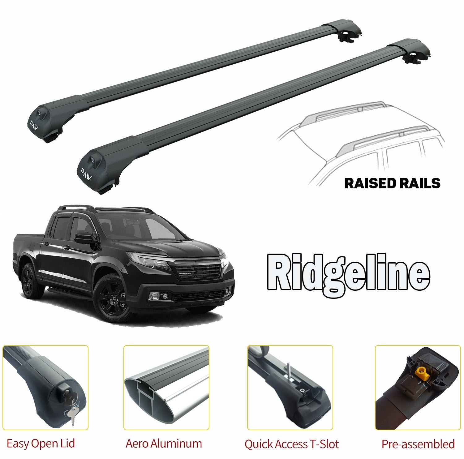 for Honda Ridgeline Raised Rail Roof Rack Cross Bars 2017- Up Color Black for Honda Ridgeline Raised Rail Roof Rack Cross Bars 2017- Up Color Black
